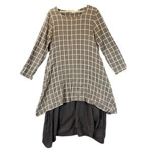 Mordenmiss Layered Windowpane Plaid Midi Tunic Dress Taupe Lagenlook XL